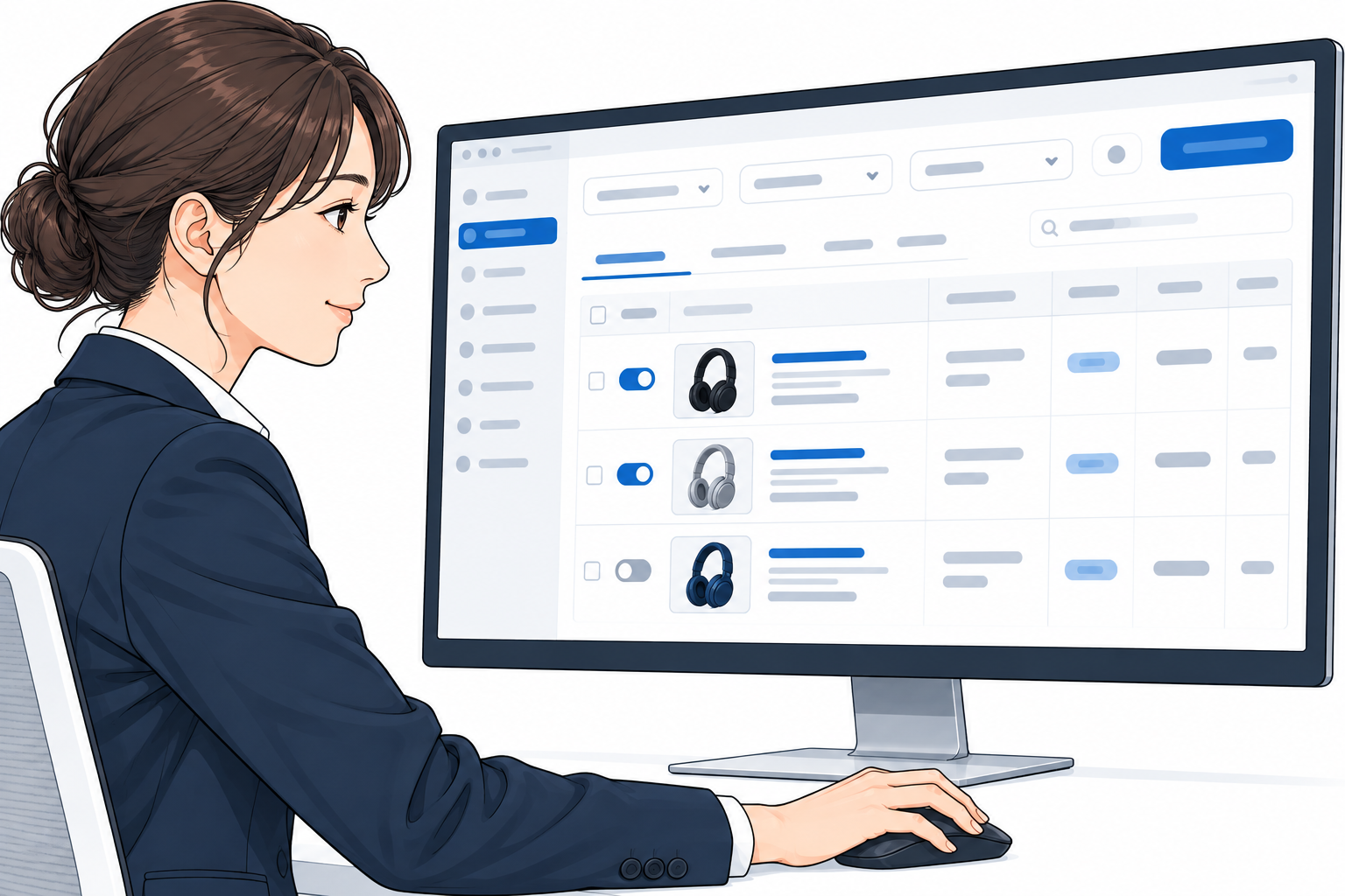 広告管理画面を操作してアフィリエイト案件を運用する当社担当者のイメージ