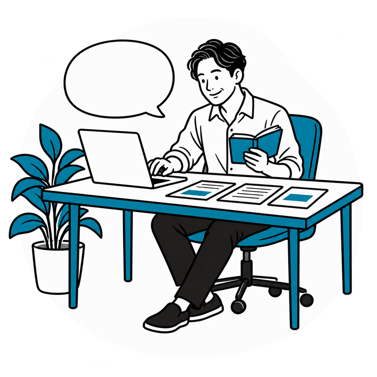 自社の情報とノートPCを使い、自分の仕事に取り組む人のイラスト